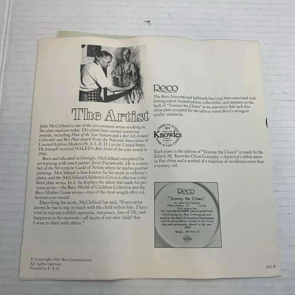 1982 McClelland TOMMY‎ THE CLOWN Collector Plate Children's Circus Collection